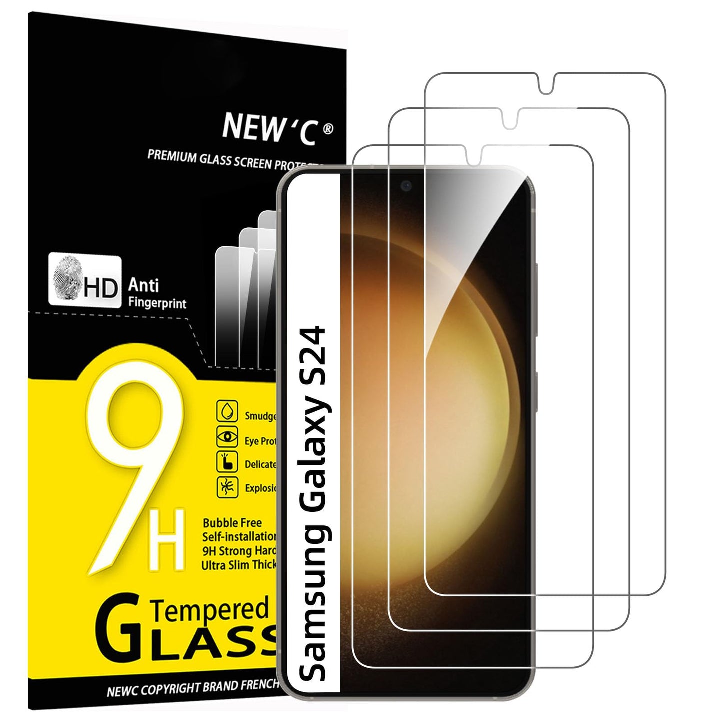 NEW'C 3 Pack Designed for Samsung Galaxy S24 5G Screen Protector Tempered Glass,Case Friendly Ultra Resistant